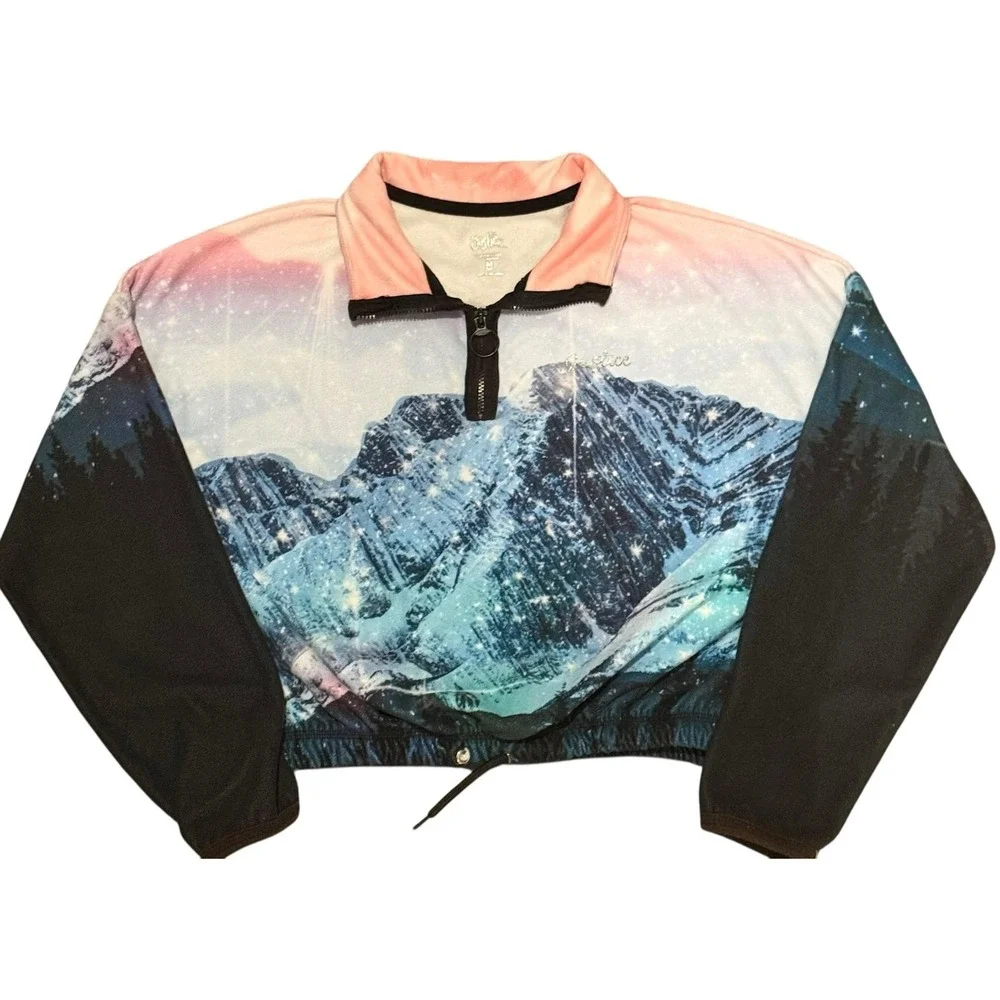 Justice Girls M (10) Mountain Galaxy Quarter Zip Pullover Sweatshirt Crop